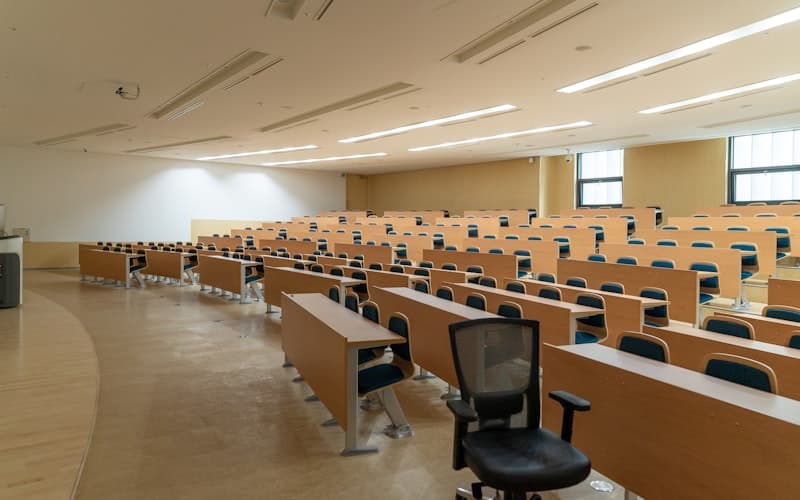 University campus with green lawns and academic buildings